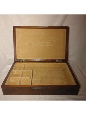 Wooden Jewelry Box Vintage Velvet Interior Compartments Hinged Lid Rich Brown